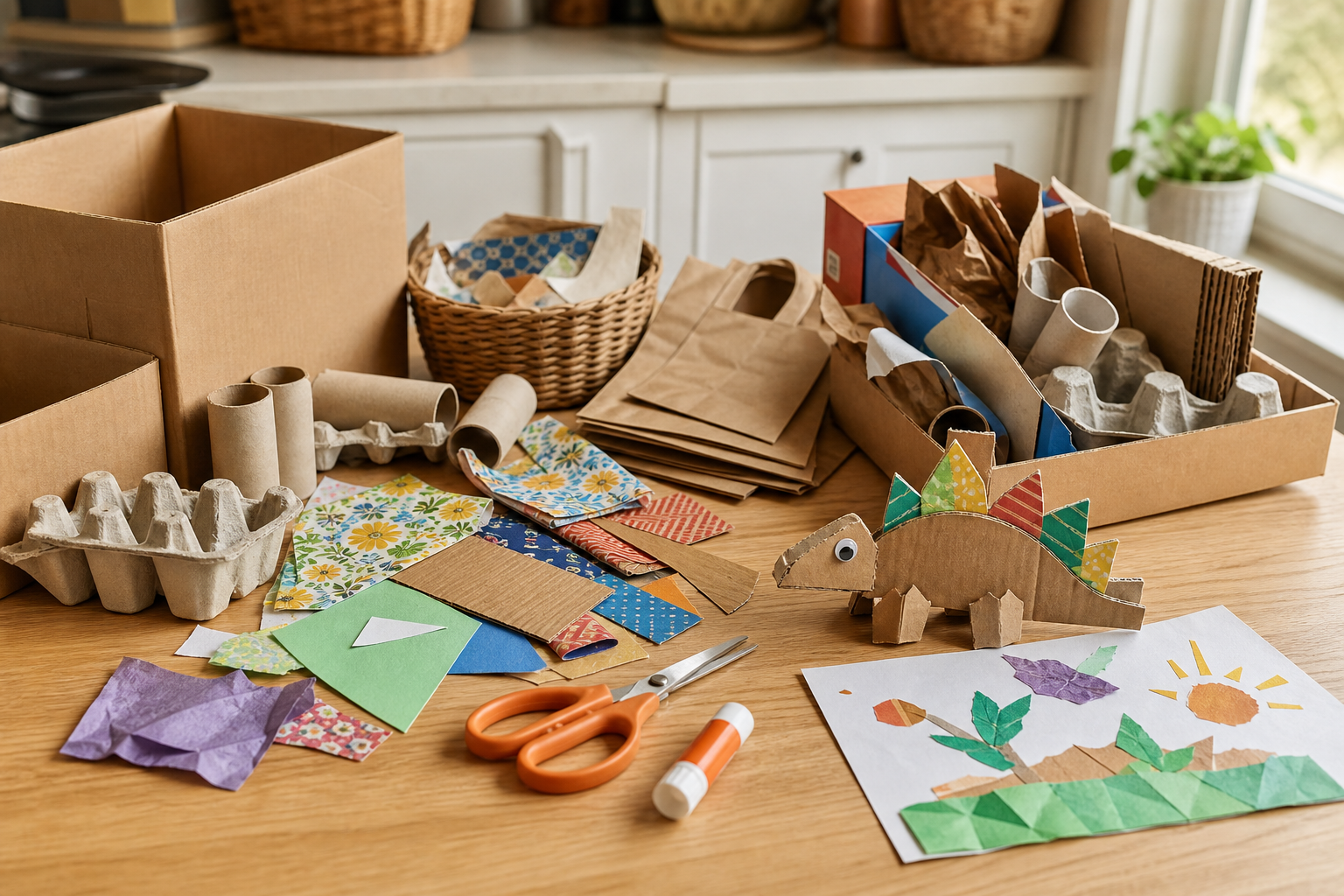 Recycling-bin materials ready for simple kids crafts